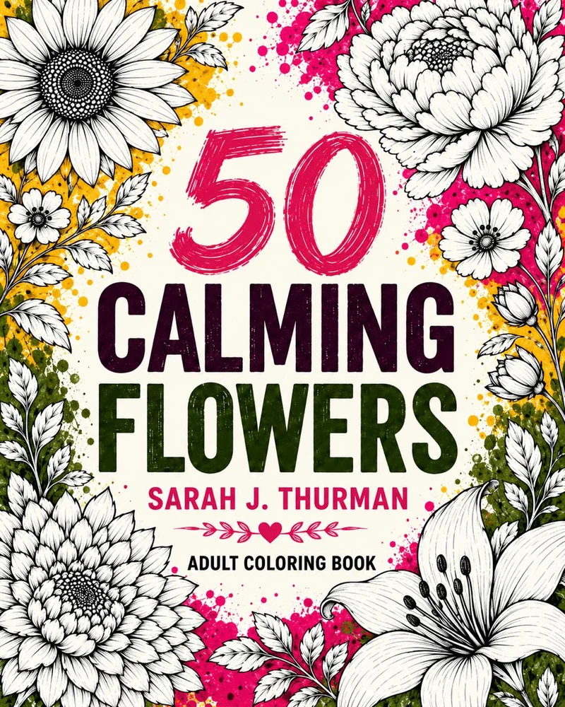 Cover of 50 Calming Flowers Adult Coloring Book by Sarah J. Thurman